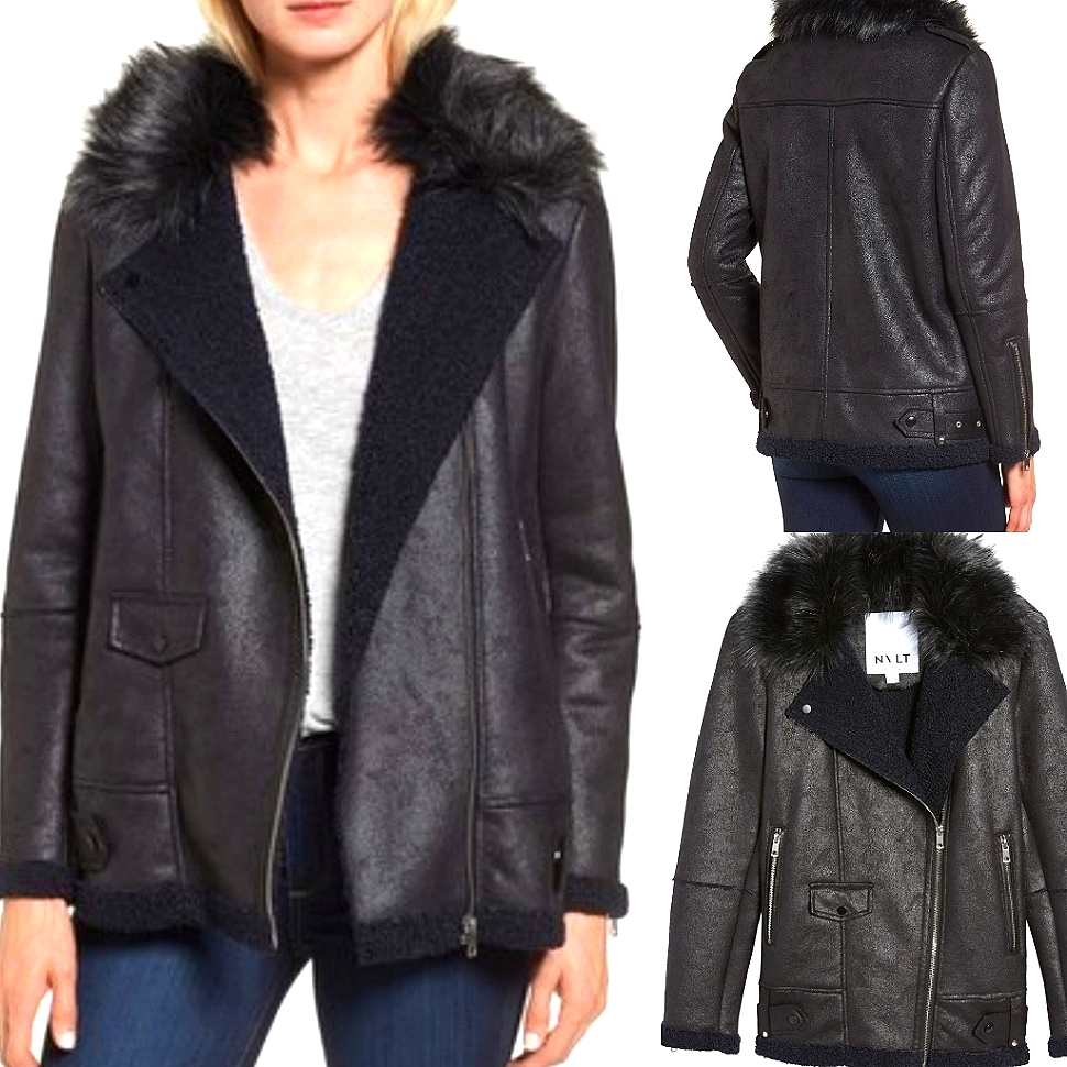 Nvlt Suede Sherpa Fur Lined Aviator Moto Jacket